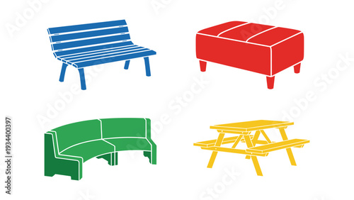 Colorful assortment of outdoor park furniture and seating arrangements