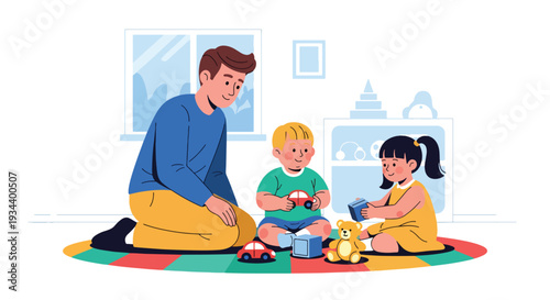 Modern vector illustration of parent teaching child to share toys with friend. Social skills development and empathy education concept for positive parenting and healthy childhood growth