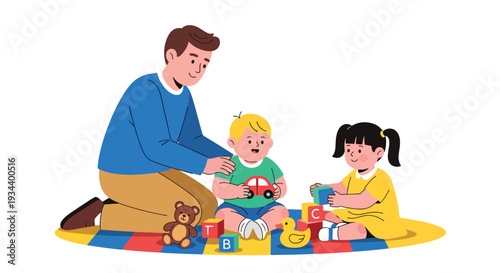 Modern vector illustration of parent teaching child to share toys with friend. Social skills development and empathy education concept for positive parenting and healthy childhood growth