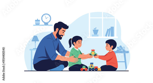 Modern vector illustration of parent teaching child to share toys with friend. Social skills development and empathy education concept for positive parenting and healthy childhood growth