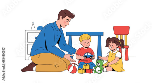 Modern vector illustration of parent teaching child to share toys with friend. Social skills development and empathy education concept for positive parenting and healthy childhood growth