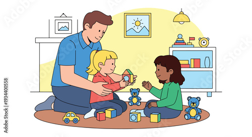 Modern vector illustration of parent teaching child to share toys with friend. Social skills development and empathy education concept for positive parenting and healthy childhood growth