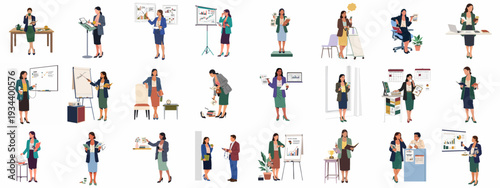 Collection of diverse businesswomen illustrations showcasing various professional tasks, office activities, meetings, and individual work in a modern corporate setting.