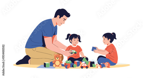 Modern vector illustration of parent teaching child to share toys with friend. Social skills development and empathy education concept for positive parenting and healthy childhood growth