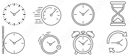 Timers and clock icon set, timeline symbol graphics, clock faces, stopwatch, hourglass, time measurement vector elements illustration