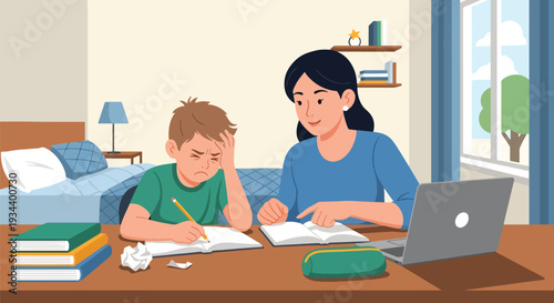Modern vector illustration of child frustrated with homework while parent patiently guides. Learning difficulty support and positive parenting education concept for academic development