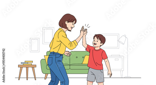 Modern vector illustration of parent giving high five to child after success. Confidence building, motivation and positive parenting concept for healthy emotional development