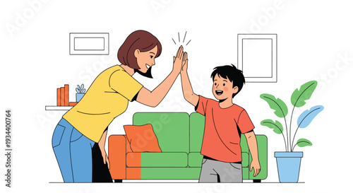 Modern vector illustration of parent giving high five to child after success. Confidence building, motivation and positive parenting concept for healthy emotional development