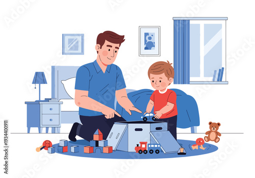 Modern vector illustration of father teaching child to clean messy bedroom. Discipline and responsibility education concept for positive parenting and childhood development