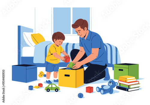 Modern vector illustration of father teaching child to clean messy bedroom. Discipline and responsibility education concept for positive parenting and childhood development