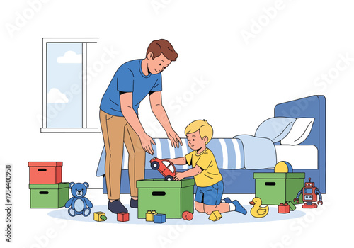 Modern vector illustration of father teaching child to clean messy bedroom. Discipline and responsibility education concept for positive parenting and childhood development
