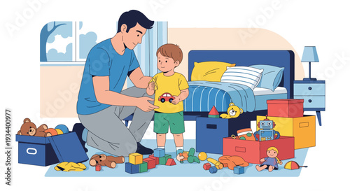 Modern vector illustration of father teaching child to clean messy bedroom. Discipline and responsibility education concept for positive parenting and childhood development