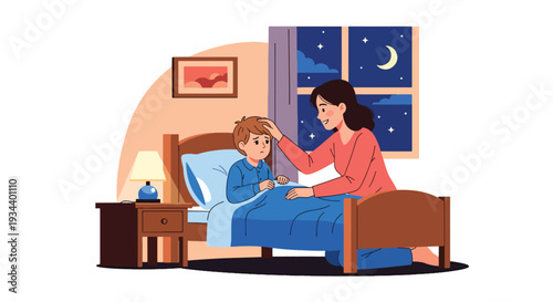 Modern vector illustration of parent comforting child afraid of darkness in bedroom. Emotional safety and supportive parenting concept for mental wellbeing and family bonding