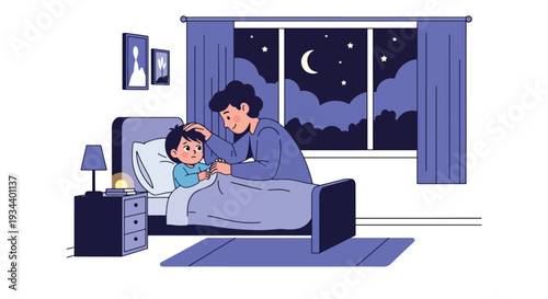 Modern vector illustration of parent comforting child afraid of darkness in bedroom. Emotional safety and supportive parenting concept for mental wellbeing and family bonding