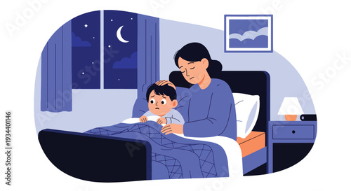 Modern vector illustration of parent comforting child afraid of darkness in bedroom. Emotional safety and supportive parenting concept for mental wellbeing and family bonding