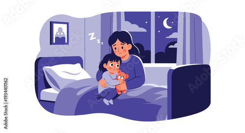 Modern vector illustration of parent comforting child afraid of darkness in bedroom. Emotional safety and supportive parenting concept for mental wellbeing and family bonding