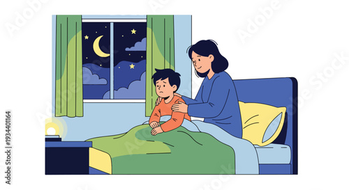 Modern vector illustration of parent comforting child afraid of darkness in bedroom. Emotional safety and supportive parenting concept for mental wellbeing and family bonding