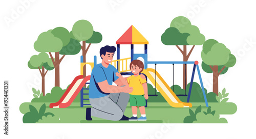 Modern vector illustration of father encouraging child in playground. Resilience, growth mindset and positive parenting concept for emotional strength and confidence building