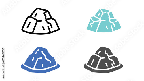 Four stylized illustrations of different types of mountains with distinct color schemes
