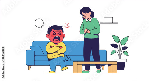 Modern vector illustration of child expressing anger while parent calmly listens. Healthy communication and emotional support parenting concept for child mental wellbeing