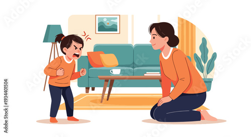 Modern vector illustration of child expressing anger while parent calmly listens. Healthy communication and emotional support parenting concept for child mental wellbeing