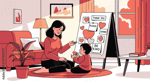 Modern vector illustration of mother teaching child gratitude and kindness. Character education and positive parenting concept for emotional and social development