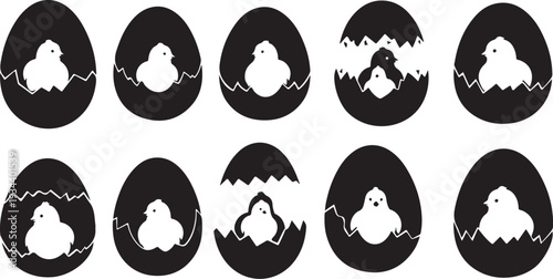 Black and white illustration of chicks hatching from eggs