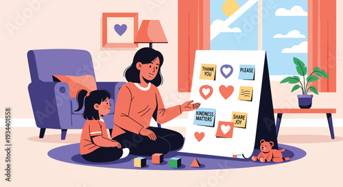 Modern vector illustration of mother teaching child gratitude and kindness. Character education and positive parenting concept for emotional and social development