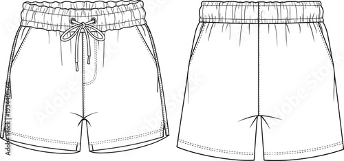 Cad drawing flat vector illustration, shorts front and back view, elastic waistband with drawstring, pockets, stitching details, apparel design