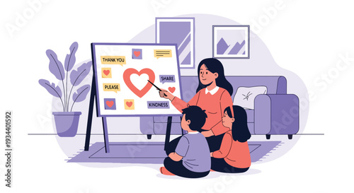 Modern vector illustration of mother teaching child gratitude and kindness. Character education and positive parenting concept for emotional and social development