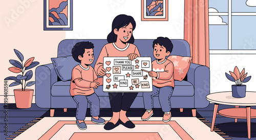 Modern vector illustration of mother teaching child gratitude and kindness. Character education and positive parenting concept for emotional and social development