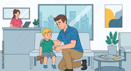 Modern vector illustration of father helping child overcome fear of doctor visit. Healthcare emotional support and positive parenting concept for child confidence and wellbeing