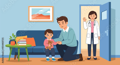 Modern vector illustration of father helping child overcome fear of doctor visit. Healthcare emotional support and positive parenting concept for child confidence and wellbeing