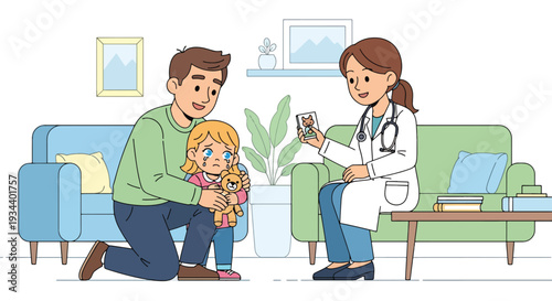 Modern vector illustration of father helping child overcome fear of doctor visit. Healthcare emotional support and positive parenting concept for child confidence and wellbeing