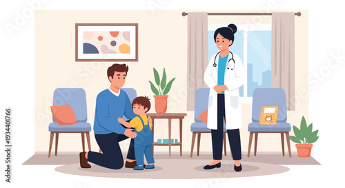 Modern vector illustration of father helping child overcome fear of doctor visit. Healthcare emotional support and positive parenting concept for child confidence and wellbeing