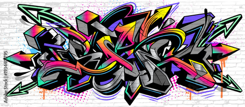 Abstract Graffiti Background with neon colors and dynamic arrow shapes.