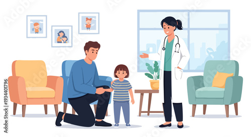Modern vector illustration of father helping child overcome fear of doctor visit. Healthcare emotional support and positive parenting concept for child confidence and wellbeing