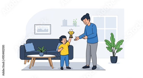 Modern vector illustration of parent and child celebrating small achievement with trophy icon. Confidence building and motivation parenting concept for childhood growth