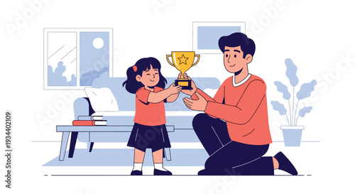 Modern vector illustration of parent and child celebrating small achievement with trophy icon. Confidence building and motivation parenting concept for childhood growth