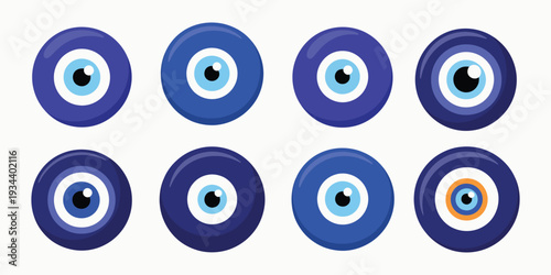 Nazar protection symbol vector set, blue oriental evil eye flat icons in multiple variations, modern vector illustrations of cultural talismans for warding off negative energy, isolated on white 