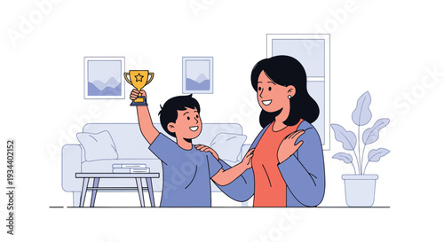 Modern vector illustration of parent and child celebrating small achievement with trophy icon. Confidence building and motivation parenting concept for childhood growth