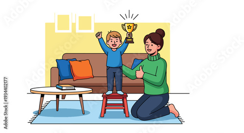 Modern vector illustration of parent and child celebrating small achievement with trophy icon. Confidence building and motivation parenting concept for childhood growth