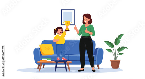 Modern vector illustration of parent and child celebrating small achievement with trophy icon. Confidence building and motivation parenting concept for childhood growth