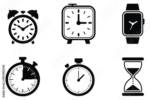 Time measurement icon set, timing devices symbols, classic alarm clock, analog wall clock, stopwatch, sandglass hourglass vector illustration.