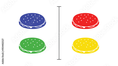 Four differently colored circular objects with dotted surfaces arranged in pairs.