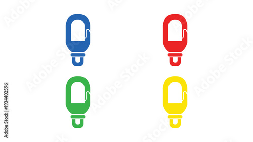 Four colorfully designed keychain tags with distinct shapes and vibrant colors