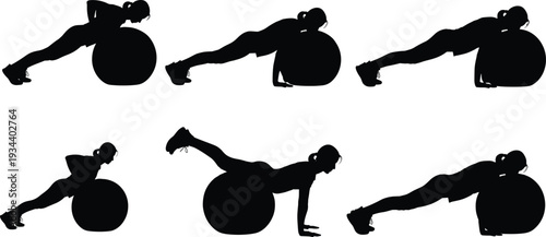 Woman doing exercises with fitness ball in six different positions workout