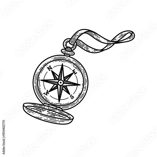 hand drawn vintage pocket compass with leather strap line art vector illustration