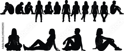 Set of black silhouettes showing people sitting in relaxed poses, casual seated figures, cross-legged positions, rows of diverse body language, vector.