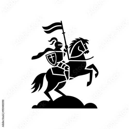 Medieval knight on horseback holding flag and shield